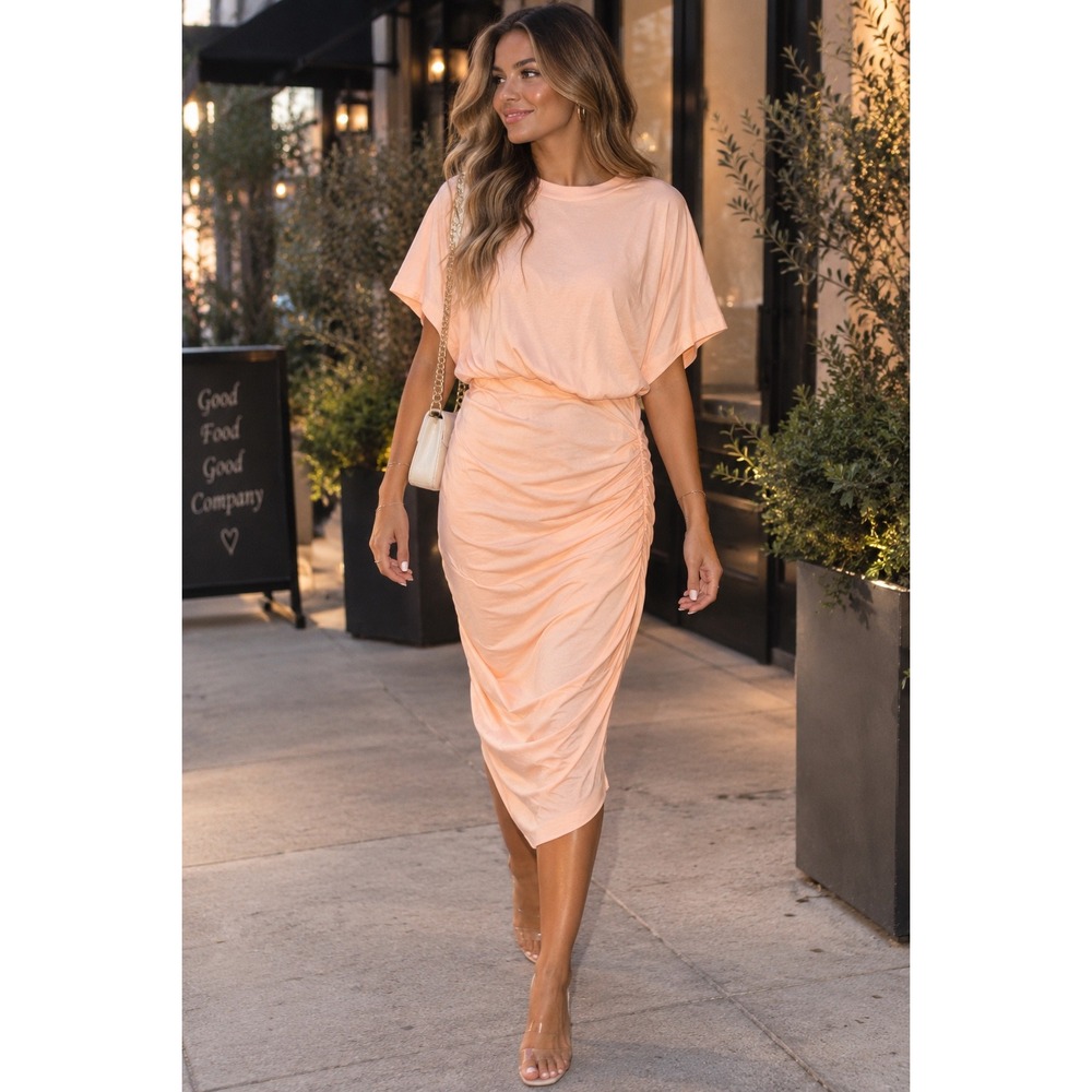 Missguided Womens Peach Ruched Draped Short Sleeve Midi Dress Size S